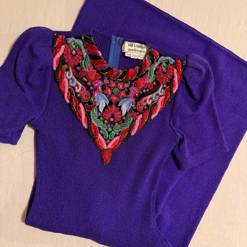 Vintage Pat Sandler for Wellmore Knit Dress Beaded Purple 4P Fit & Flare Stretch